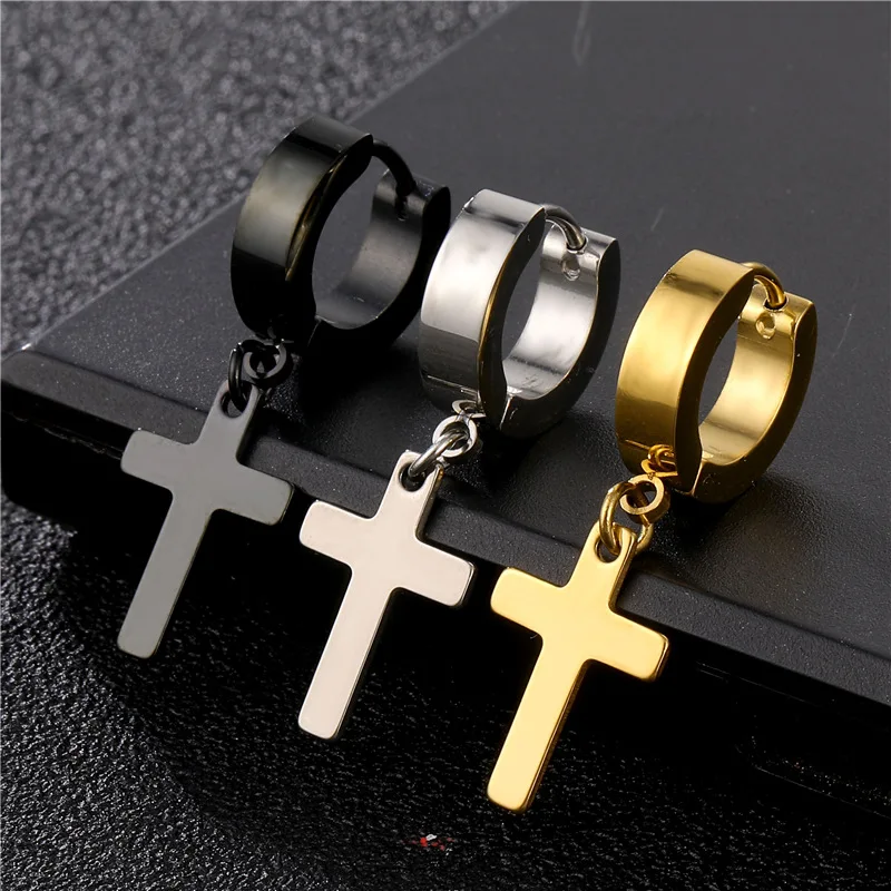 

GENYA Single piece men punk gold plated earrings dangle cross earrings for women stainless steel, As picture