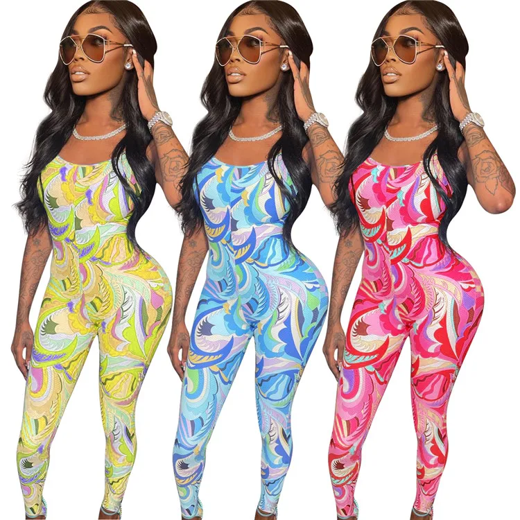 

2021 New Arrivals Sleeveless Multi Colored Pattern Printing Nightclub Jumpsuits Backless Printing Skinny Rompers Women