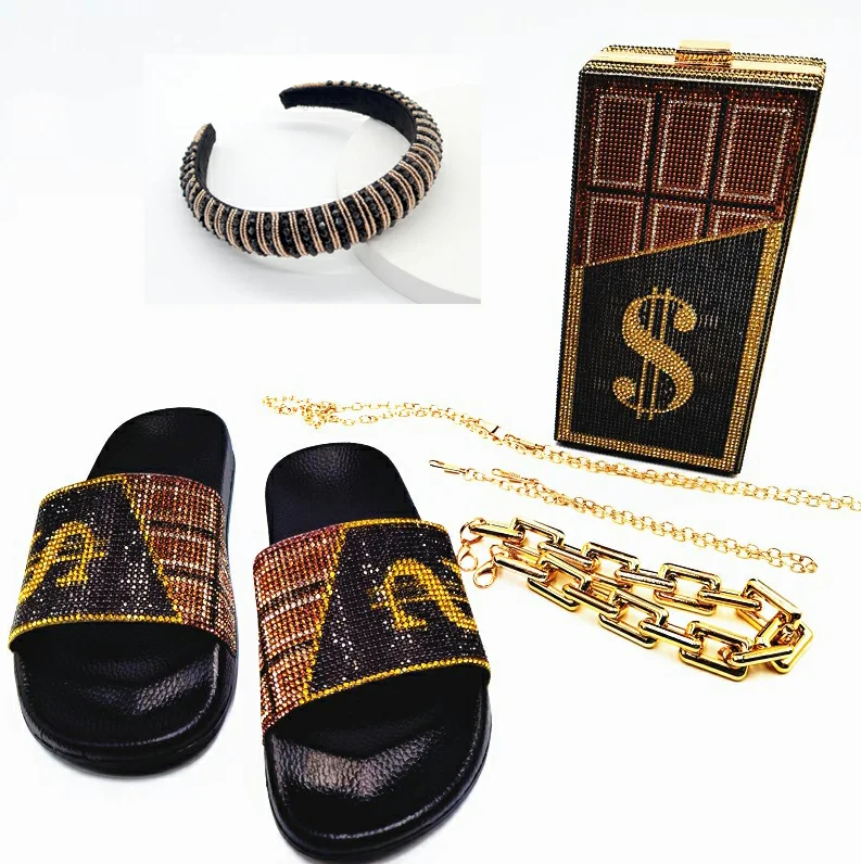 

2021 Women House Shoes Slide Dollar pattern Luxury Party Bling Diamond Platform Purse and Sandals Hair band 3 Piece set, 4colors