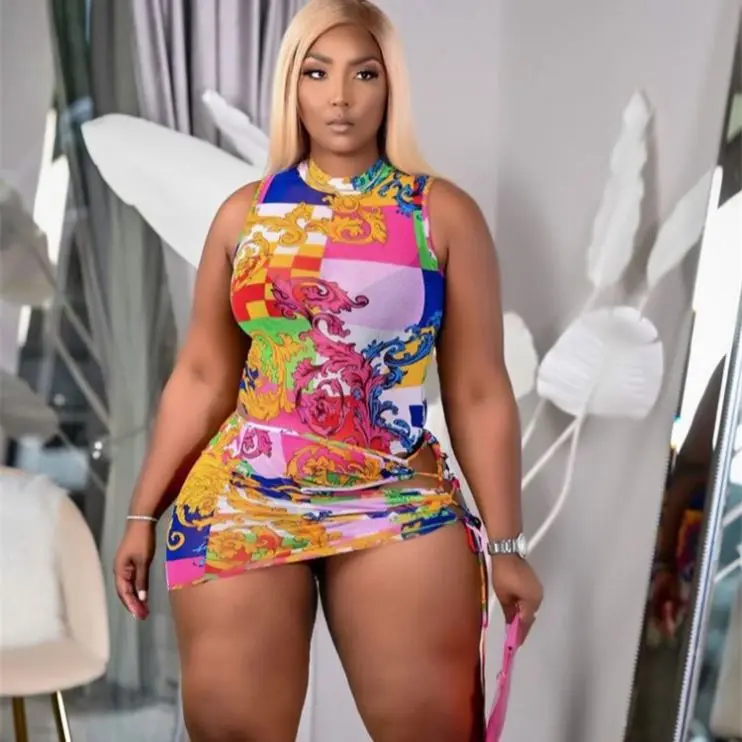 

OSINA Hot Selling Summer Outfits Print Hollow Out Sexy Skirt Two Piece Short Set