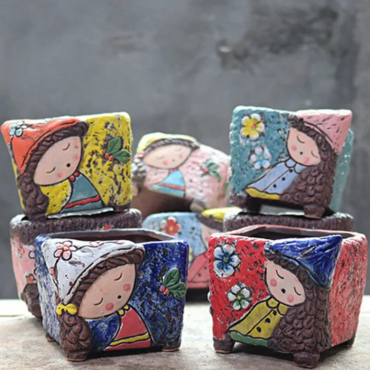 

Lovely girl creative personality succulent flower pot square ceramic flowerpot pottery porcelain funny planters, Customized color