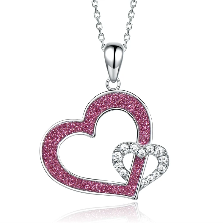 

925 Sterling Silver Glitter Powder ZIrconia Double Heart Necklace Ladies 925 Silver Love Necklace