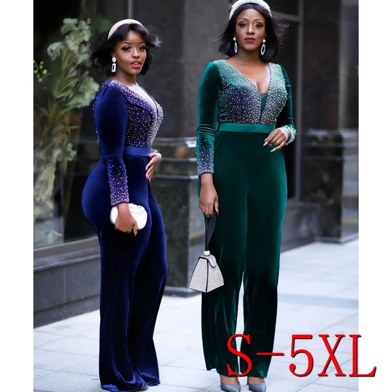 

Hot Selling Deep V Solid Color Slim Fit Long Sleeve Sexy Clubwear Elegant Wide Leg Jumpsuit Plus Size Velvet Jumpsuits