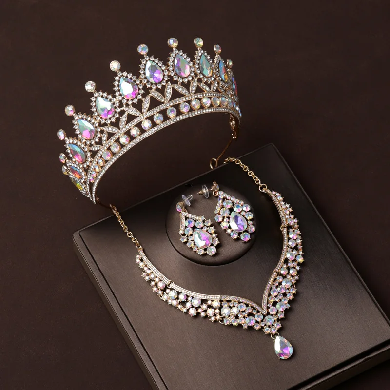European and American Retro Bride Crown Headwear Dazzling and Luxurious with a Sense of Luxury and  Three Piece Crown Set