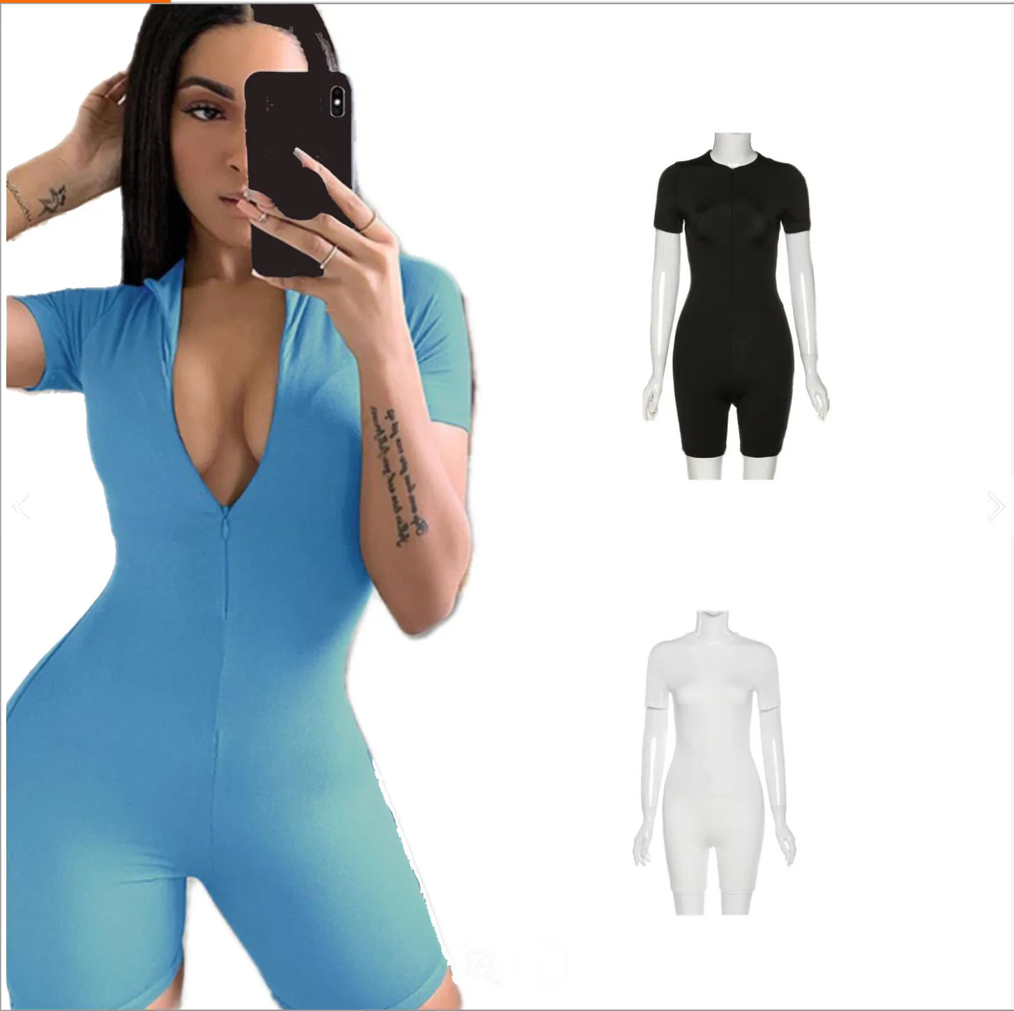

New Design summer women's zipper 1 piece sports jumpsuit Sexy Short Sleeve Spandex Biker Shorts Fitness Women