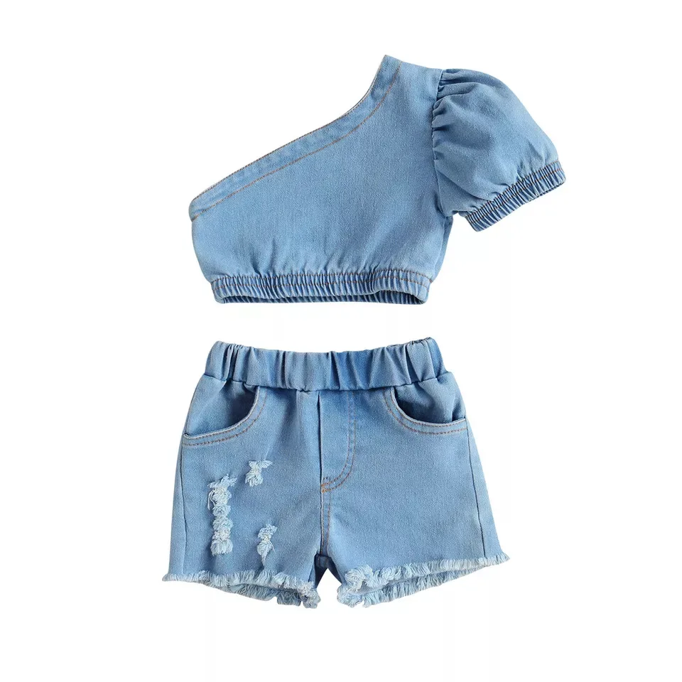 

2021 Summer Kids Denim One Shoulder Short Sleeve Crop Tops Ripped Hole Shorts Trousers Casual Outfits Girls Clothing Sets