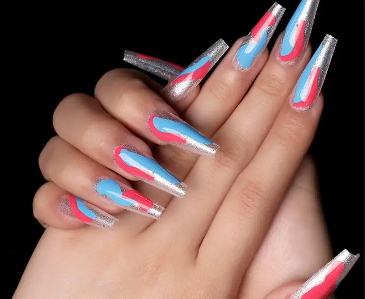 

24 Pcs Hot Selling Nail Paste Silver Color Long Ballet Nail Red Blue Pattern Wearable Removable Artificial Fingernails