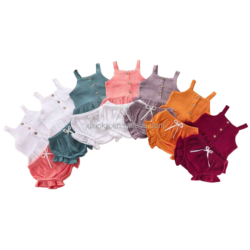 

High Quality Cute Girl Clothes Solid Color Muslin Cloths Sleeveless Girl Suit, Picture