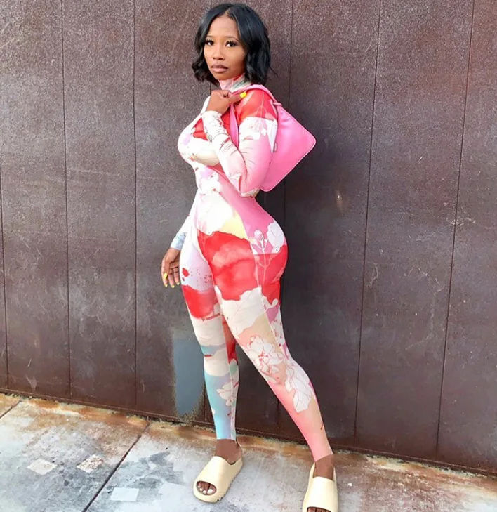 

2020 Autumn Full Sleeve printed flora fitness jumpsuit one piece Outfit Fashion pant jumpsuit cutout Bodycon clothes XS Size