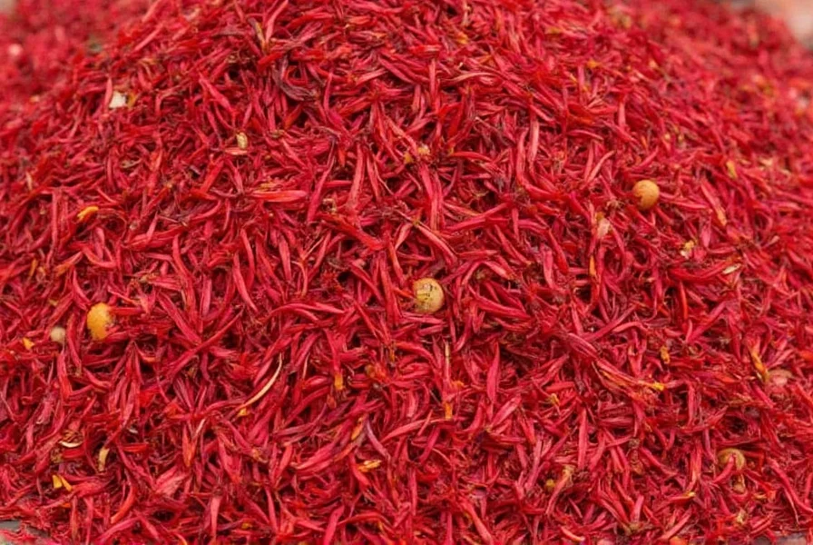 Detailed macro photography showing three saffron threads next to a single crocus flower for scale