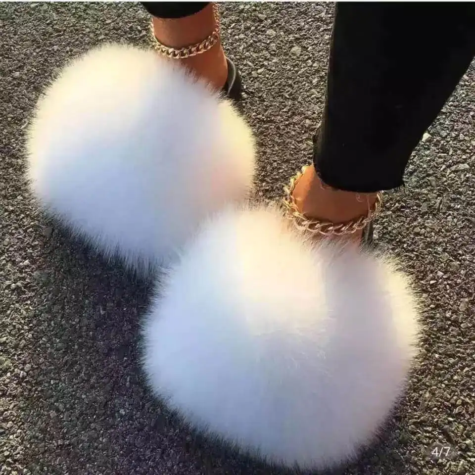 

2022 High quality long hair real Fox and raccoon women and children fashion fur slippers fur slides customizable logo, Color matching or can be customized according to requirements