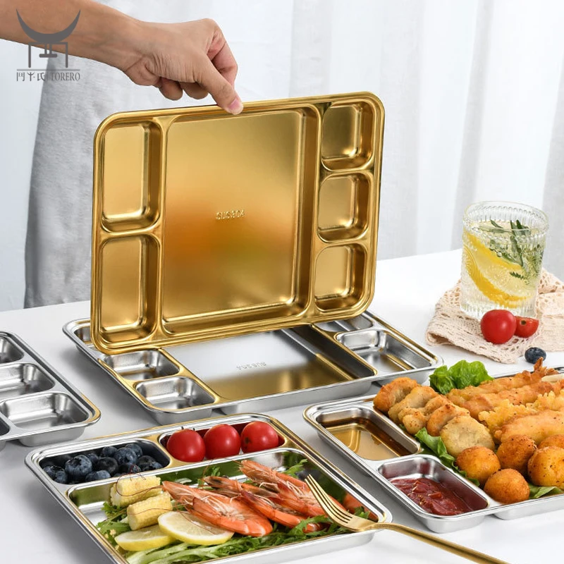 

Korean Gold 304 Stainless Steel 7 Compartment Buffet Plate School Lunch Divided Food Plate