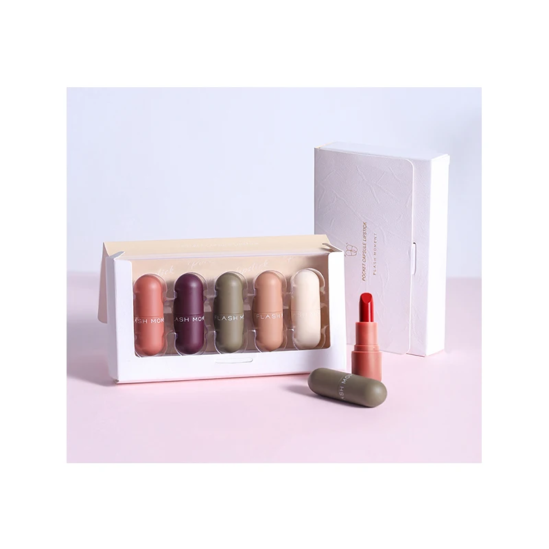 

H273 New Capsule Lipstick Set Gift Box 5pcs not easy to decolorize matte Non-stick Cup Does Not Fade mini pill shape lipstick