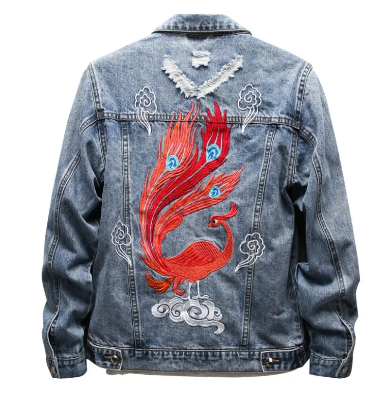 

New men's denim jacket with slim embroidered phoenix lapel and long sleeve denim coat fashionable city