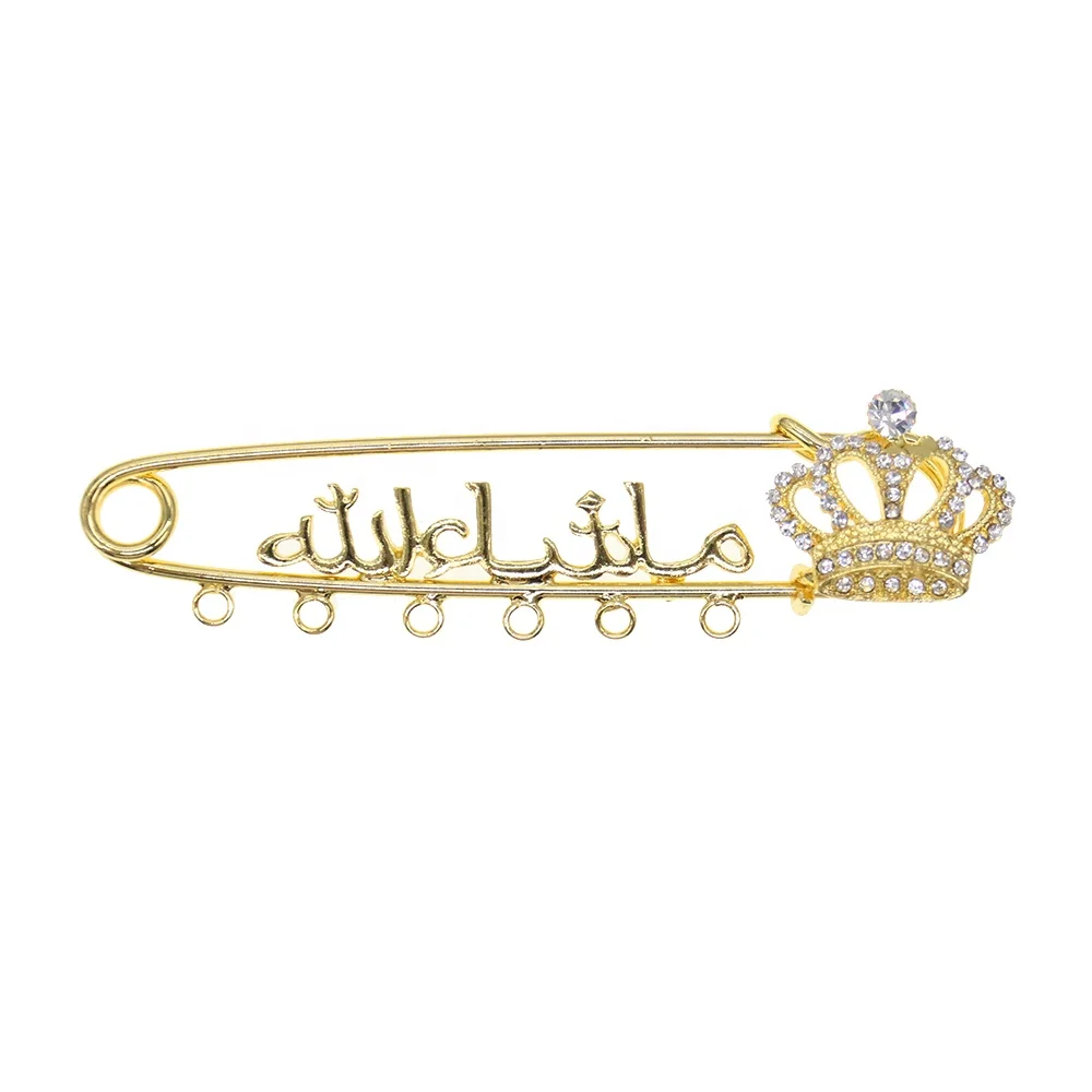 

10.5CM Gold Plating Islamic Arbic Letter Crown Shape Brooches Crystal Safety Pins With Loops For DIY Jewelry Making/Baby Pins
