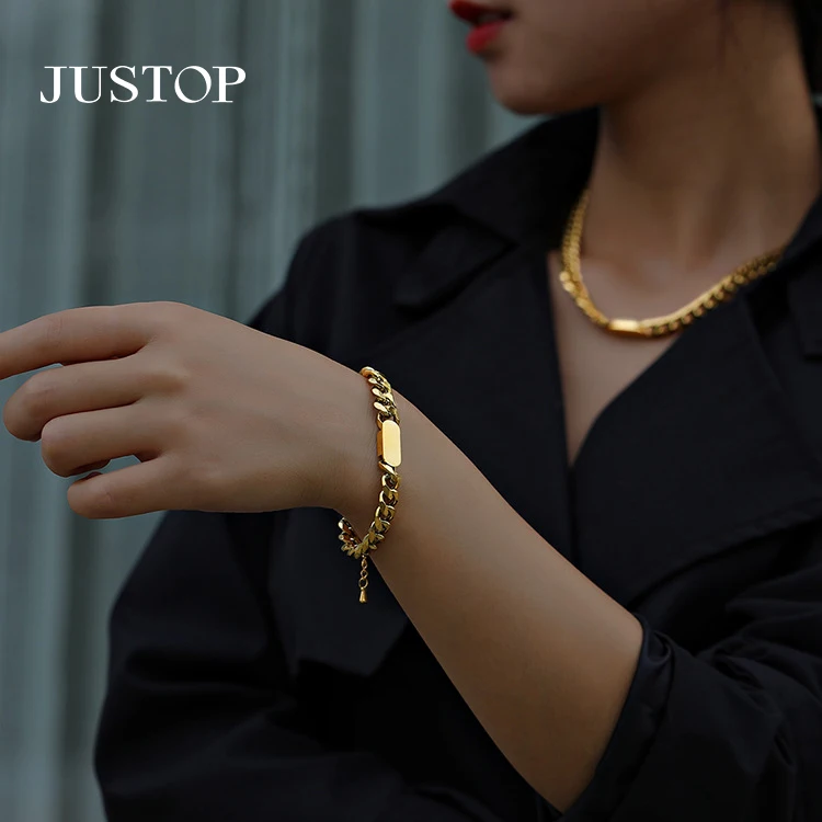 

JUSTOP Hip Hop Stainless Steel 24K Gold Chunky Cuban Chain Hiphop Fadeless Necklace Bracelet Set Choker For Couple