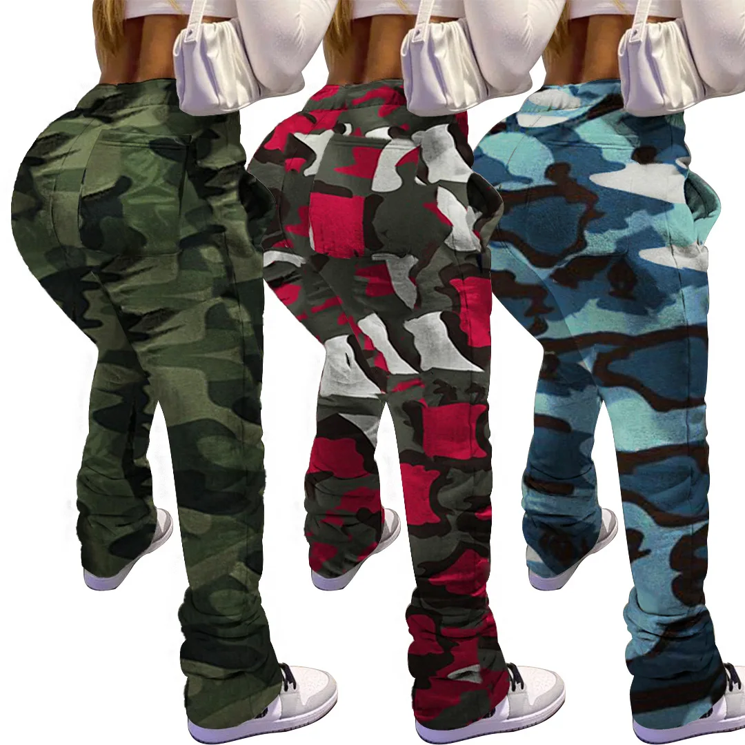 

2021 Women Cargo Pants Camouflage Multi-pocket Casual Trousers Hip-hop Stackted Sweat Printed Pants High Waist Long Pants, Picture shows