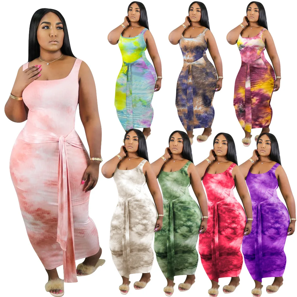 

K2115 Hot Onsale 2021 Summer Ladies Casual Tight Hips Plus Size Sleeveless Long Woman Tie Dye Dress