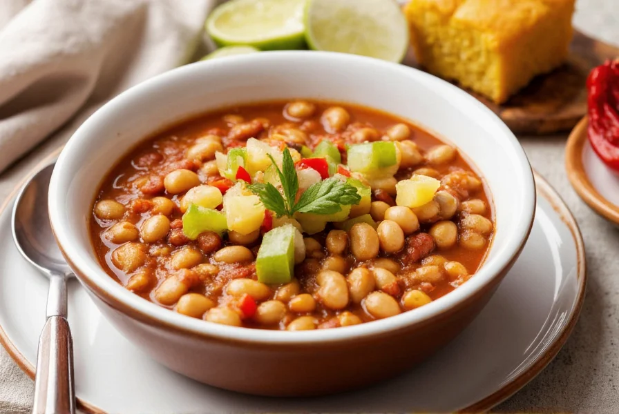 Finished white bean chili served in ceramic bowl with garnishes and side of cornbread