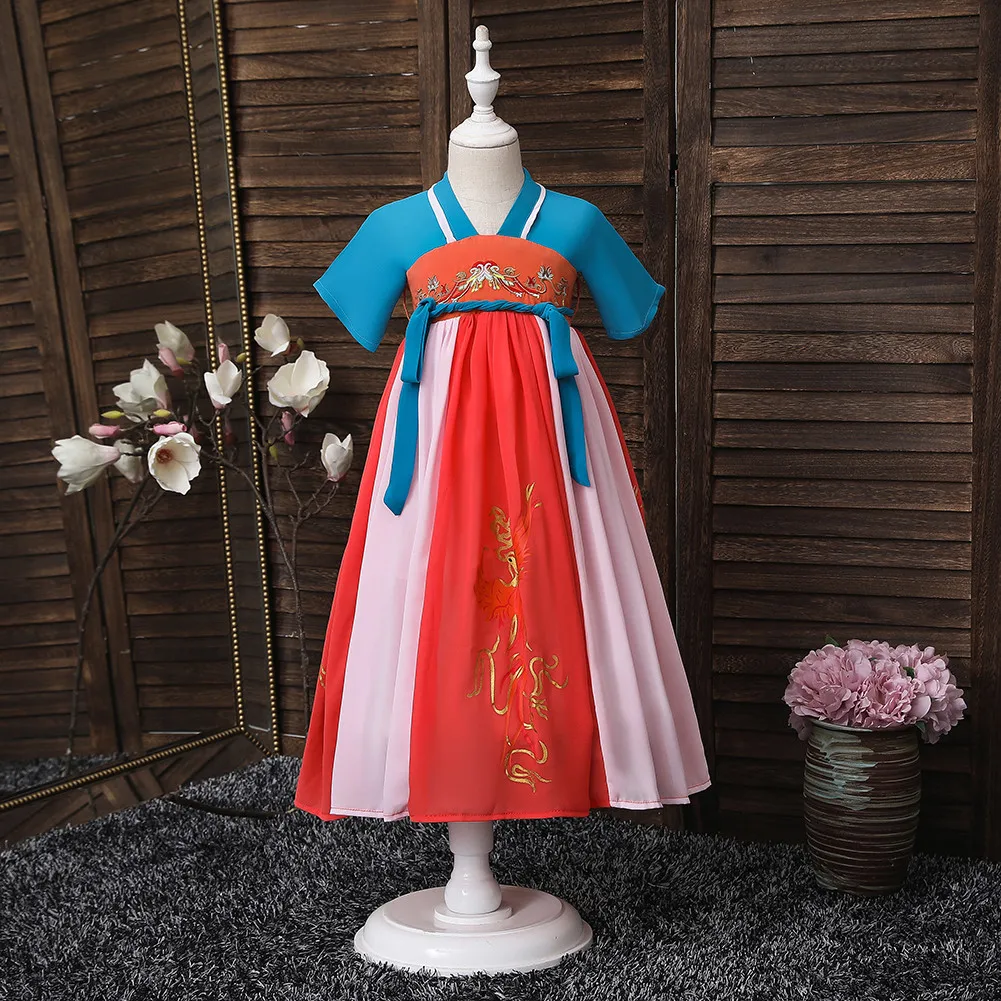 Colorful children's Princess Dress for party Printed chiffon girls' dress for 3-12YRS Japanese style children kimono for 2PCS