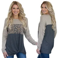

Autumn Women Soft Color Block T-shirt Long Sleeves Tops Tunic Knotted Leopard Print Loose Blouse For Ladies