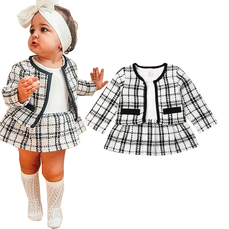 

2020 Fashion Clothes Toddler Kids Baby Girls 2pcs Cardigan Jacket Coat + Romper Tutu Dress Set Plaid Girls Dress DGRT-069