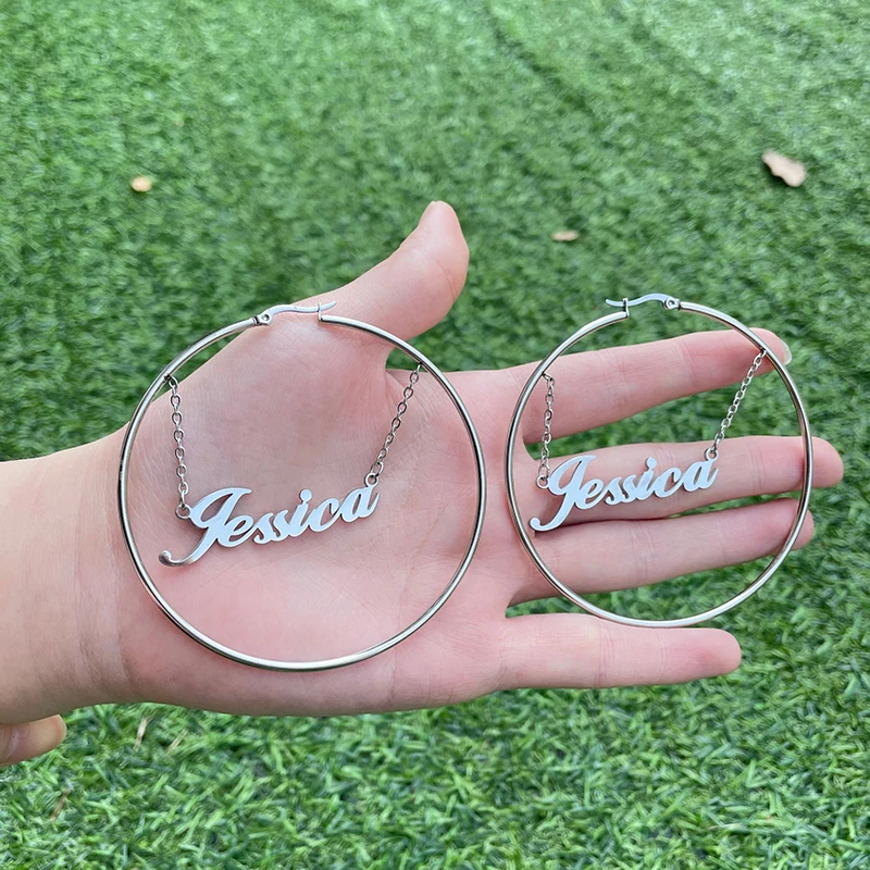 

Stainless Steel Channel Letter Earrings Jewelry 18K Gold Plated Custom Name Big Hoop Bamboo Earrings Box for Women 2021, Picture
