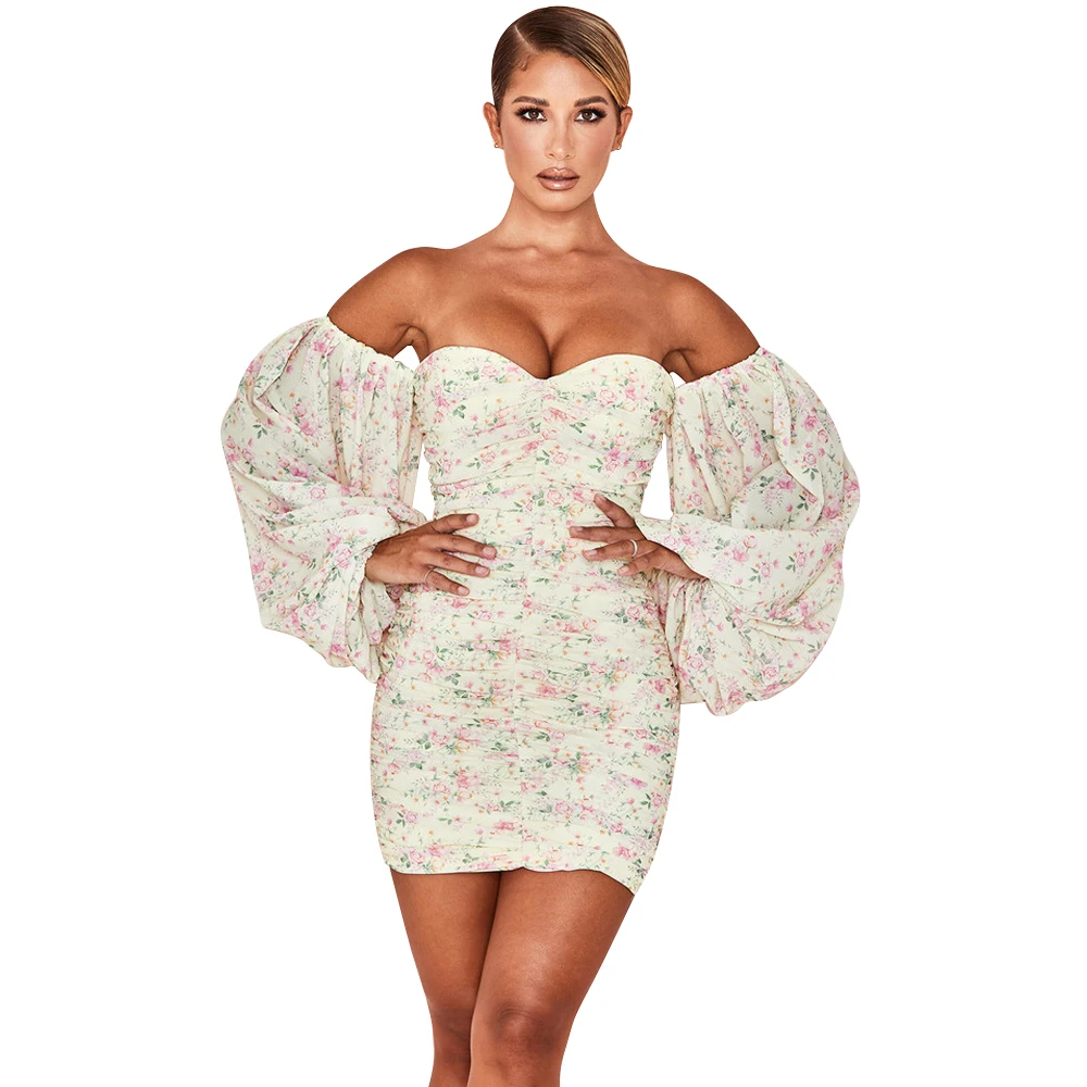 

Fashion Off Shoulder Long Sleeve Floral Printing Casual Mini Dress