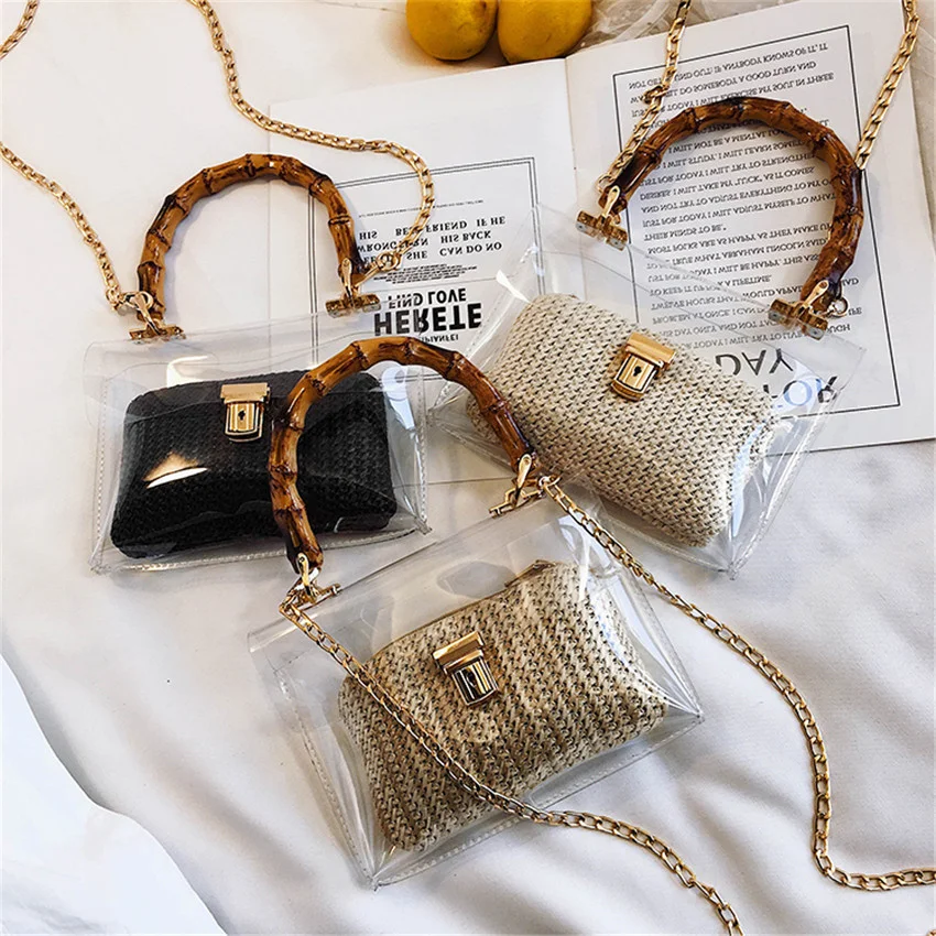 

2021 hot selling fashion transparent pvc crossbody shoulder bag women chain handbag clear jelly purses with bamboo handle, 3colors