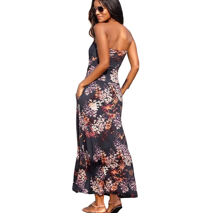 

Top selling products 2021 Wholesale Fashion Women Bohemian Bandeau Boho Floral Print Tube Long Maxi Casual Dress