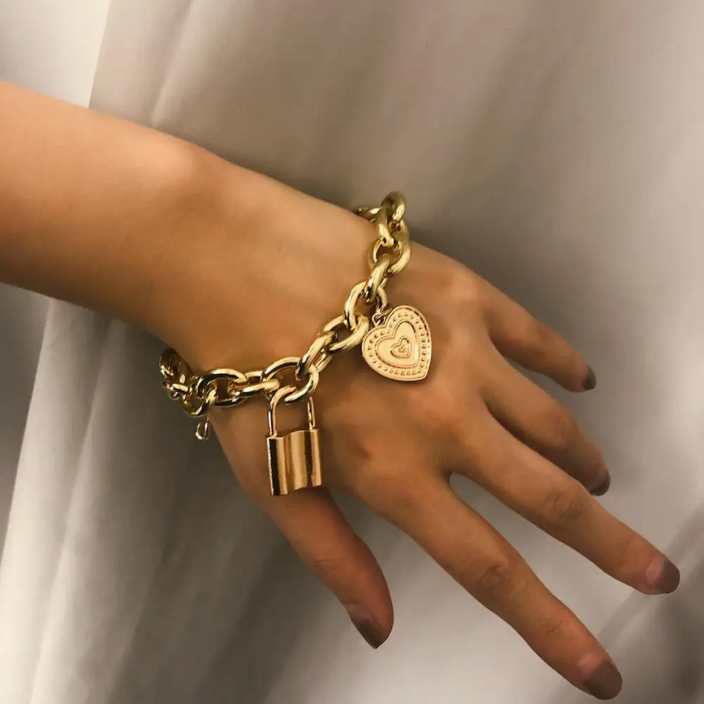 

Wholesale Silver Gold Stainless Steel Lock Charm Bracelet Women, Gold&silver