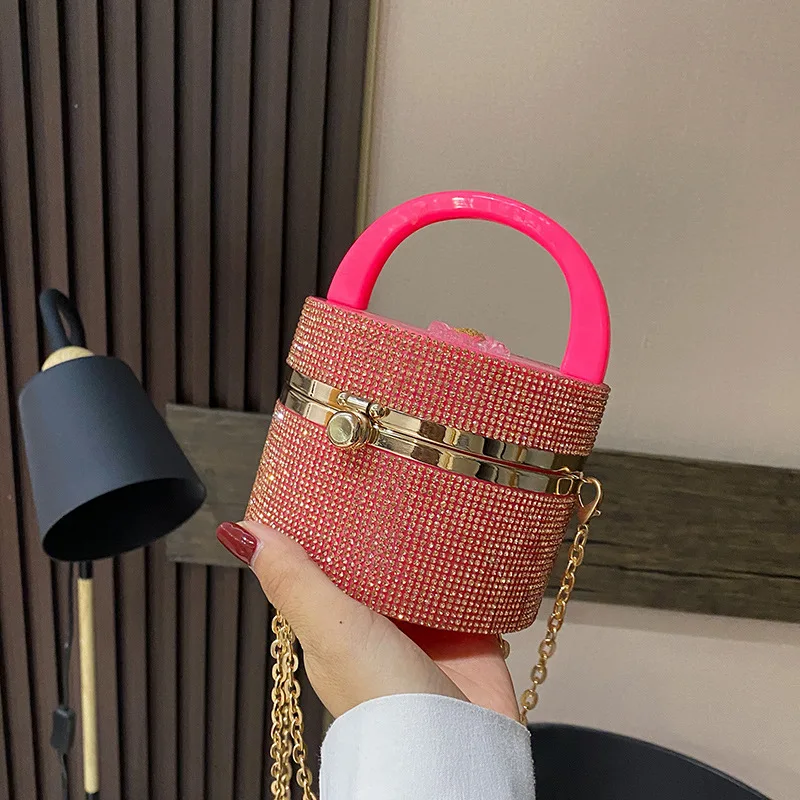 

2022 hot sale top handle fashion rhinestone cute mini bucket bag diamond small bucket luxury evening handbag
