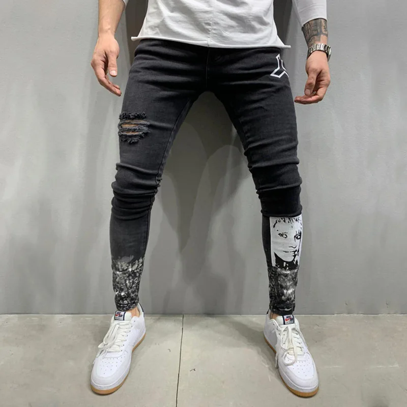 

2021 European And American New Style Men's Jeans Casual Slim-fit Trousers Letter Printing Ripped Feet Men's Jeans, Shown