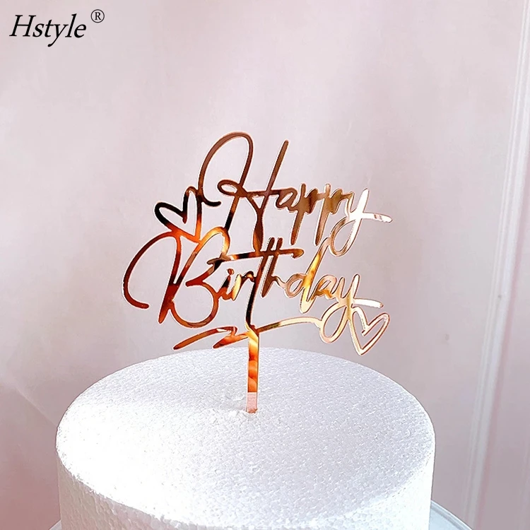 

New Happy Birthday Cake Topper Rose Gold Heart Birthday Acrylic Cake Topper For Kids Birthday Party Cake Decorations PQ678