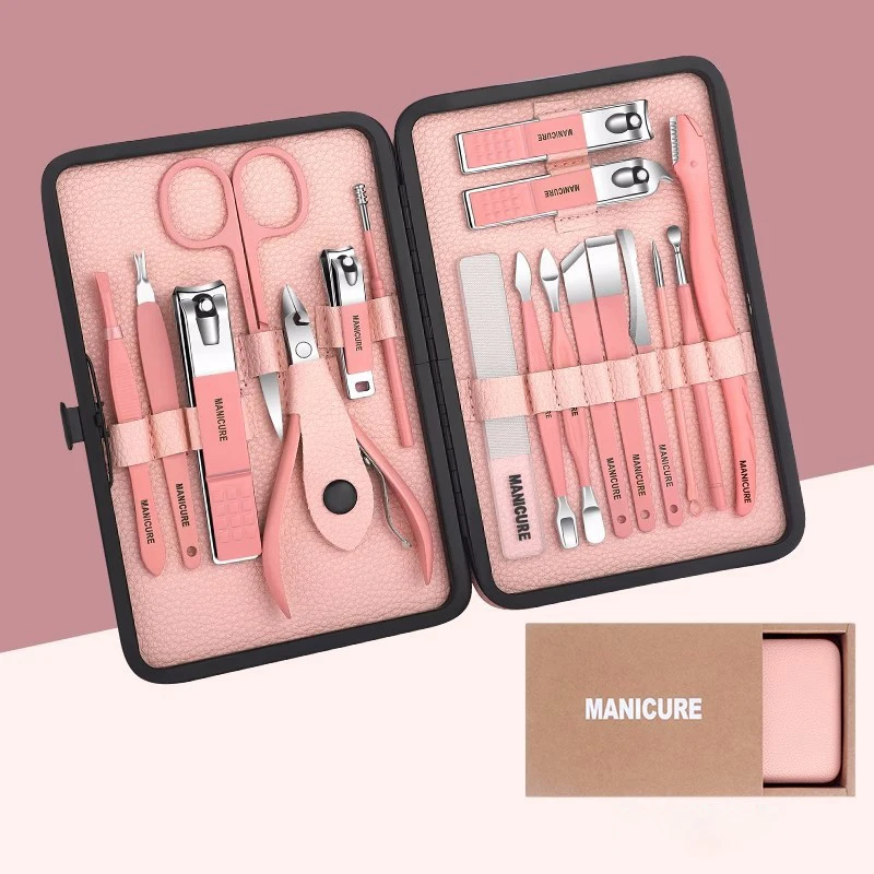 

Pink Manicure Set Professional Nail Clippers Kit Pedicure Care Tools- Stainless Steel Women Grooming Kit 18Pcs