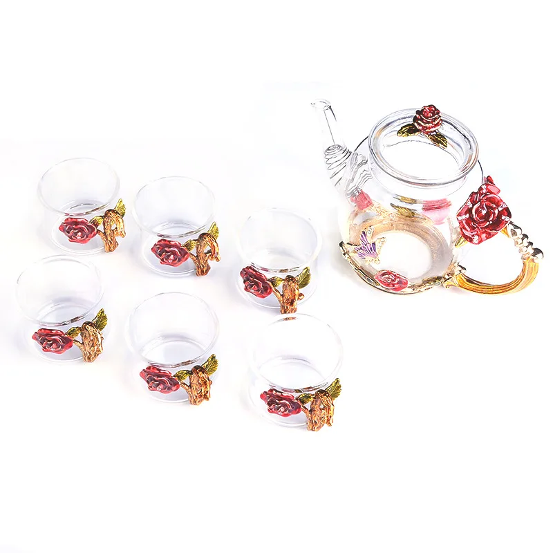

Glass Teapot With Tea Cup Gift Box For Mother's Day Enamel Color Gongfu Tea Pot Set