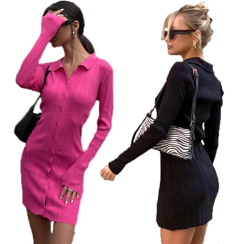 

Women Sexy Sweater Dress Turn-down Collar Long Sleeves Elastic Pencil Dress Autumn Button Bodycon Stripe knitted Dress