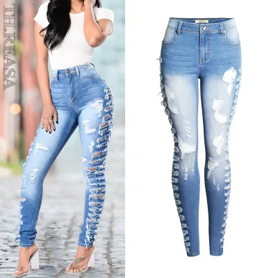 

Guangzhou Factory wholesale women's cotton stretch high waist slim pencil pants ladies ripped jean trousers damage jeans women
