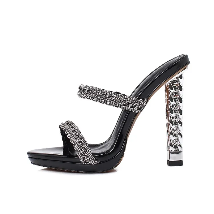 

Womens diamonds chain straps high heel Mules dress shoes women Sandals High Quality Elegant Ladies Shoes, Black,silver