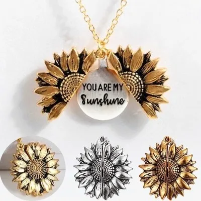 

New Style Coin Pendant Sunflower Locket Necklace You are My Sunshine Engraved Necklace Customized Jewelry for Women Girls, Gold,silver