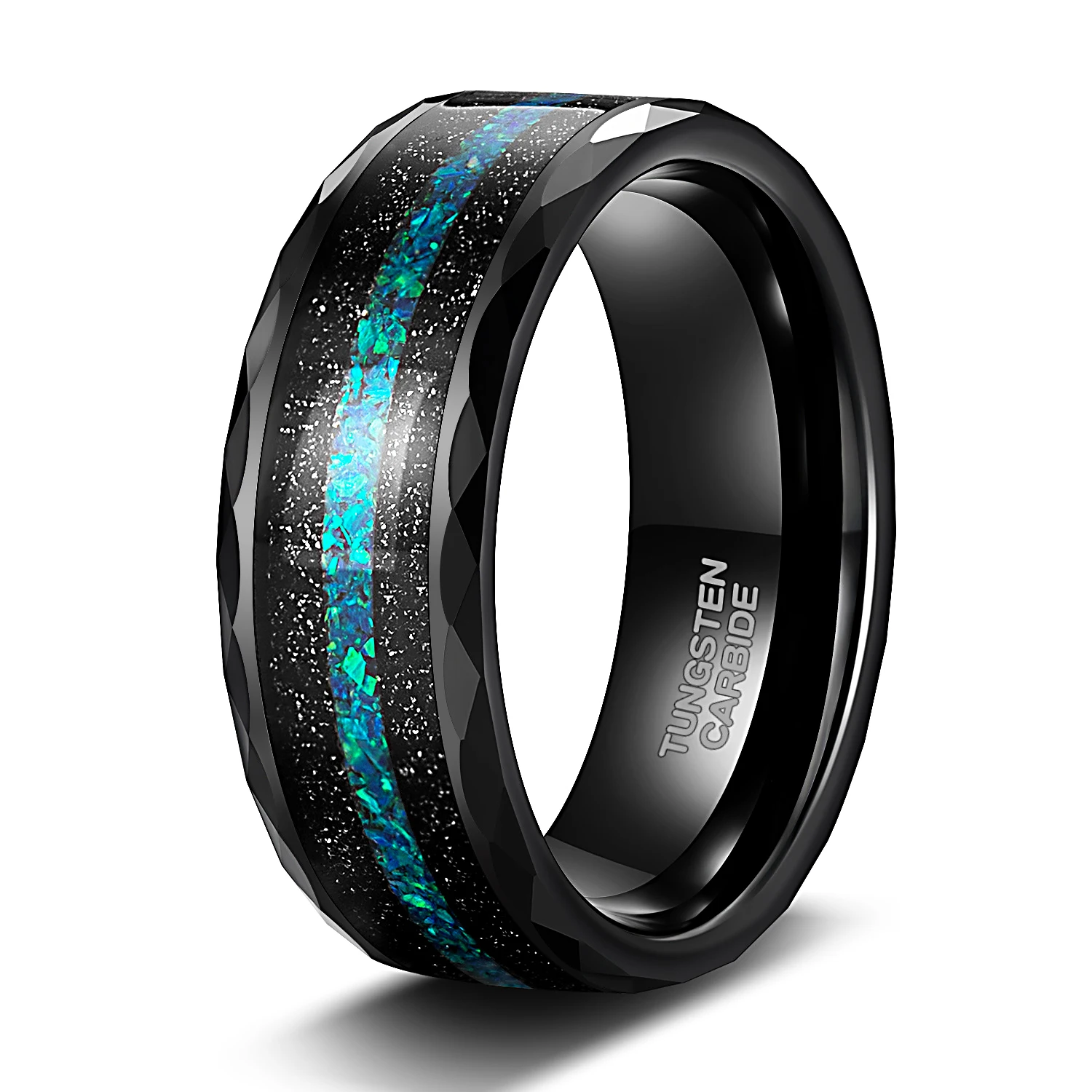OAHLAN 8mm Mens Multi-Faceted Edge With Black Sand and Green-Blue Opal Inlay Tungsten Carbide Wedding Rings Fashion Jewelry