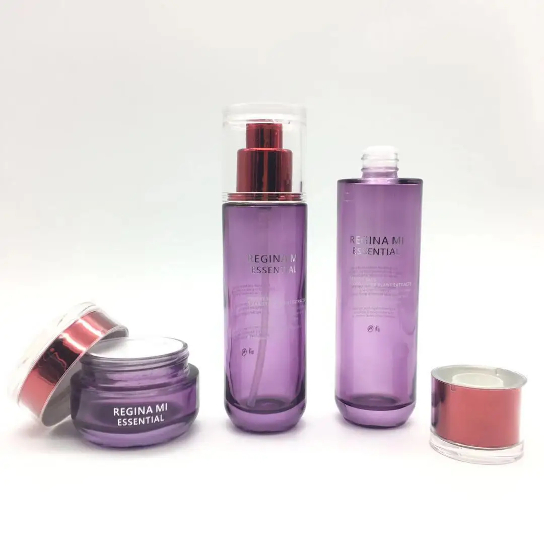 Luxury Purple Skin Care Glass Lotion Bottle And Jars Empty Cosmetic ...