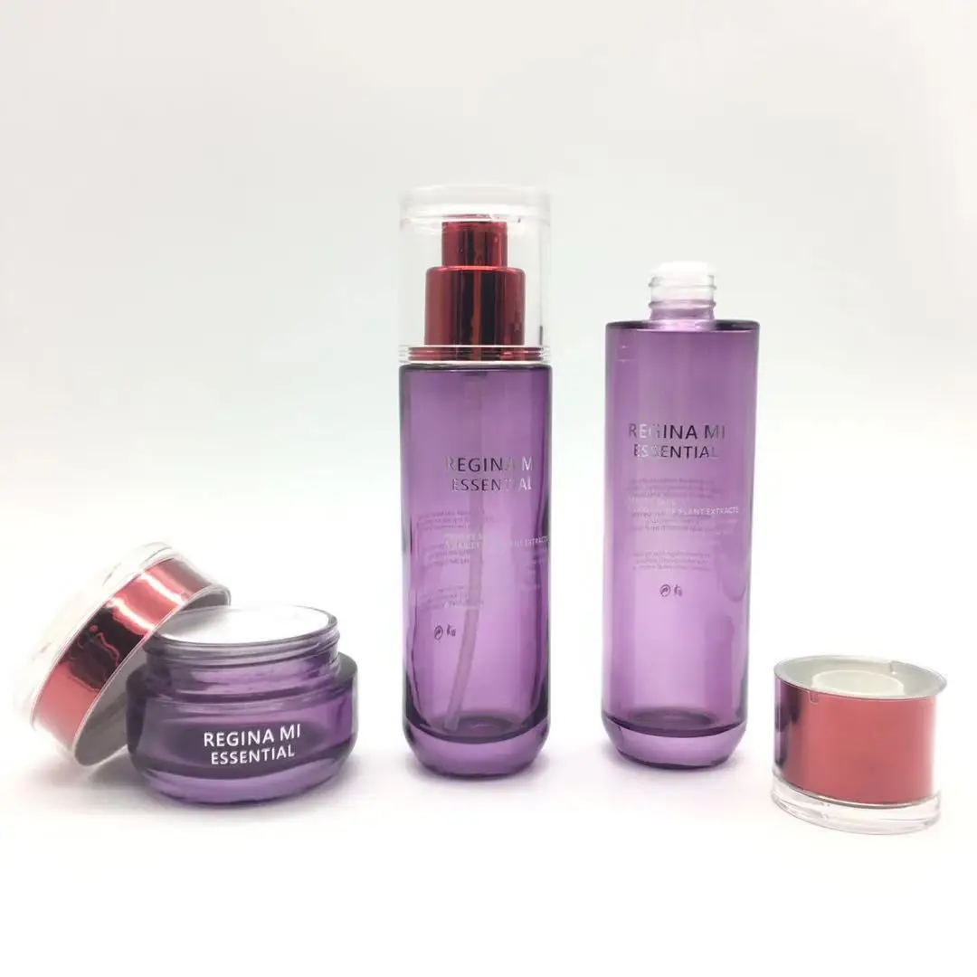 Luxury Purple Skin Care Glass Lotion Bottle And Jars Empty Cosmetic