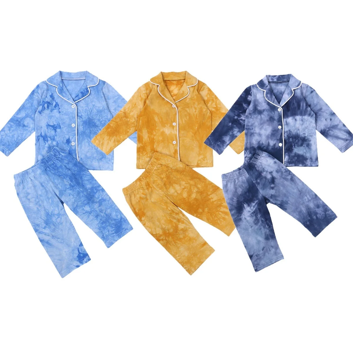 

1-6year Children Tie Dye Print Pyjamas Baby Boys Girls Long Sleeve Button V Neck Tops Pants Pajamas Kid Sleepwear Nightwear, Gray blue,yellow,blue