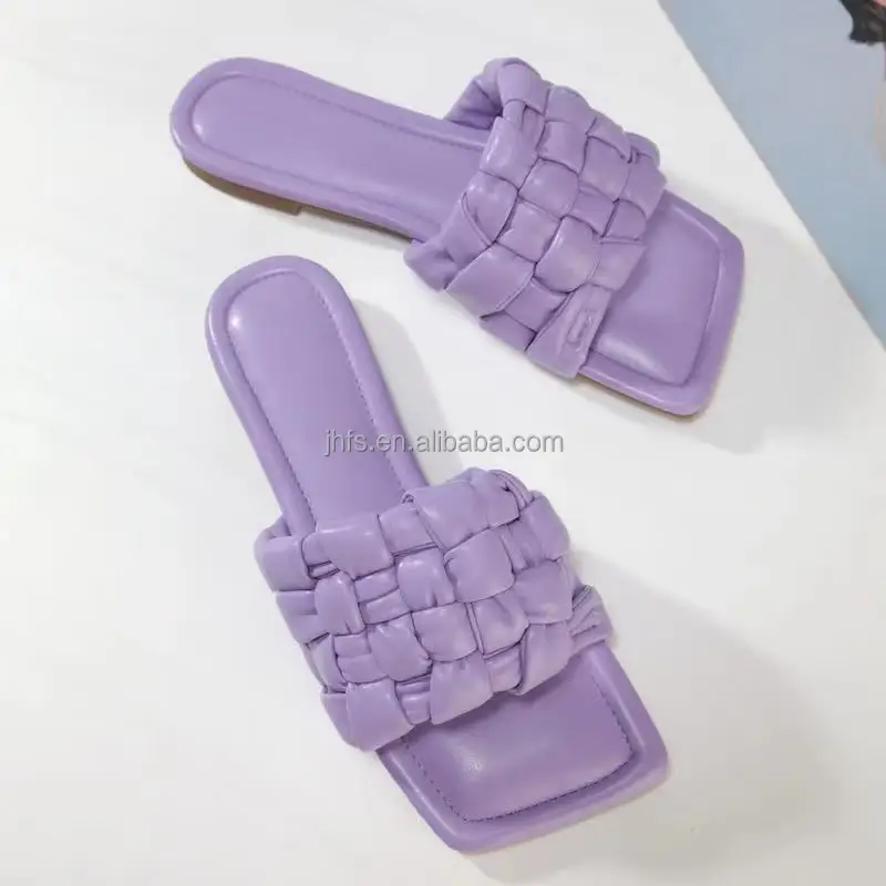 

Summer 2021 womens leather flats latest knit slides ladies trendy square toe flat sandals outdoor beach shoes, 3 colors as picture