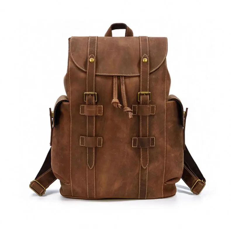 

Waterproof Brown Leather Vintage Leisure Backpack Computer Duffle Bag Trekking Casual Handbag Rucksack, As picture show or custom