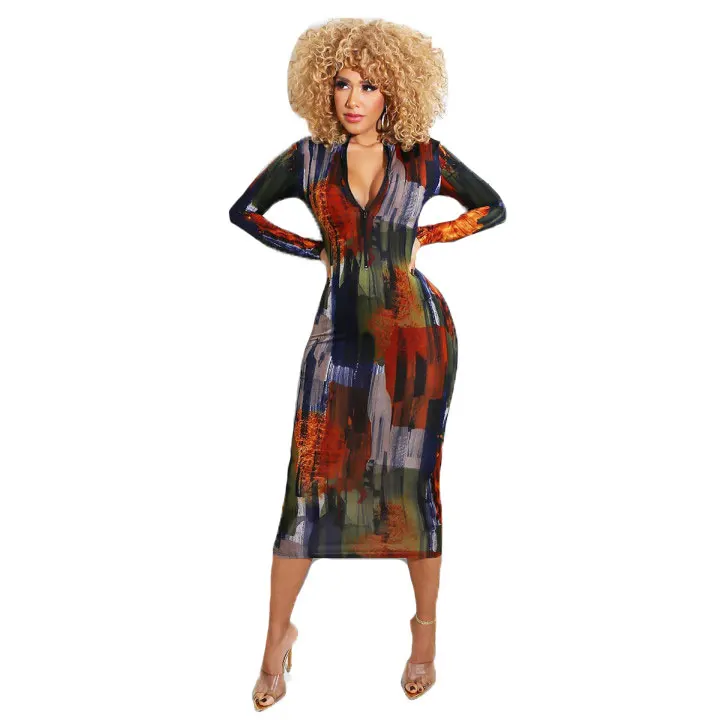 

10605-SW61 autumn plus size long sleeve causal tie-dye print zipper sexy dress women sehe fashion, 1 colors