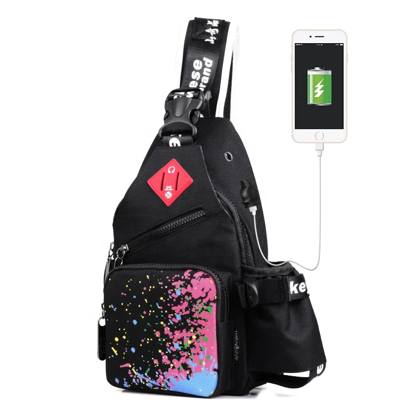 

colorful usb charging unisex chest sling bags for girls, mobile phone cross bag for boys