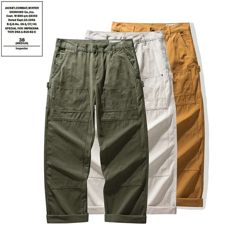 OKONKWO Men's Vintage Double Knee Workwear Pants Heavy Cotton Canvas Carpenter Trousers Retro Casual Straight Leg Trousers