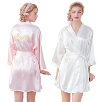 

Women plain short silk kimono satin robe bathrobe gift embroidery bride robes